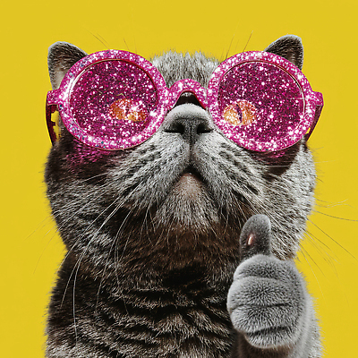 JPG 동물 편집이미지 패션 분홍색 털 표정 장식 반짝임 반려동물 선글라스 노란색 귀여움 고양이 최고 이미지편집 AI컴퓨터그래픽 AI콘텐츠 안경 컬러 컨셉 포유류 모션 파일형식