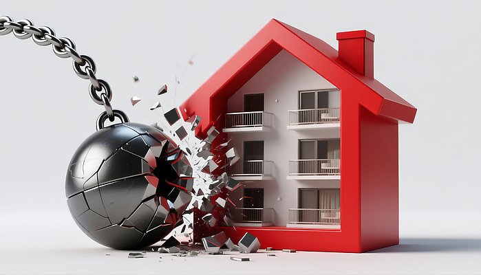 JPG 편집이미지 생각 모션 주택 건물 빨간색 힘 손상 구조물 파편 충돌 오브젝트 쓰러짐 이미지편집 AI컴퓨터그래픽 AI콘텐츠 건축물 건축 컬러 컨셉 파일형식