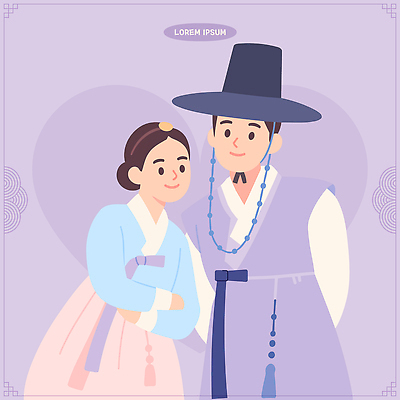 전통 커플 여자 남자 행복 감정 문화 백그라운드 일러스트 한국 사랑 웃음 갈색 기쁨 황금 전통의상 한복 즐거움 뷰티풀 국내일러스트 AI파일 한국전통 아시아 컬러 관계 표정 사람 파일형식 벡터