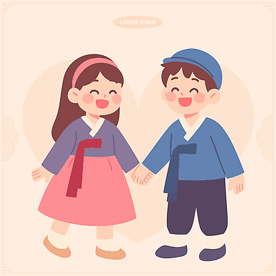 캐릭터 행복 문화 어린이 일러스트 모션 놀이 동화 한국 사랑 웃음 친구 귀여움 손잡기 놀이기구 전통의상 한복 즐거움 복고 국내일러스트 AI파일 한국전통 전통 감정 아시아 컨셉 관계 표정 사람 파일형식 벡터