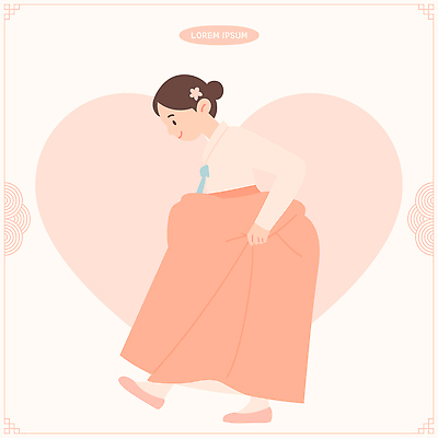 캐릭터 한국문화 전통 디자인 옷 여자 감정 문화 상징 포즈 일러스트 한국 사랑 걷기 귀여움 하트 전통의상 한복 그림 부드러움 스타일 국내일러스트 AI파일 모양 동양문화 한국전통 아시아 컨셉 모션 사람 감각 파일형식 벡터