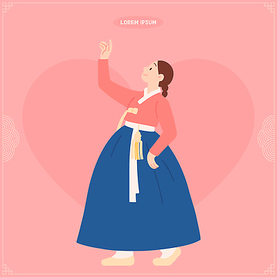 한국문화 전통 옷 여자 문화 예술 분홍색 일러스트 한국 손짓 축제 기쁨 표현 춤 우아함 전통의상 한복 뷰티풀 색감 국내일러스트 AI파일 동양문화 한국전통 감정 아시아 컬러 컨셉 모션 문화예술 사람 파일형식 벡터