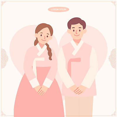 디자인 커플 여자 남자 행복 감정 문화 포즈 백그라운드 일러스트 한국 사랑 미소 귀여움 기쁨 전통의상 한복 소통 동시 뷰티풀 국내일러스트 AI파일 한국전통 전통 아시아 컨셉 관계 표정 사람 파일형식 벡터