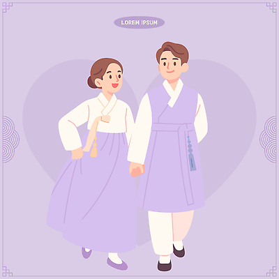 전통 디자인 커플 옷 행복 문화 컬러 일러스트 한국 표정 대화 이벤트 장식 청춘 걷기 손잡기 보라색 전통의상 한복 스타일 국내일러스트 AI파일 한국전통 감정 아시아 컨셉 관계 모션 말하기 파일형식 벡터