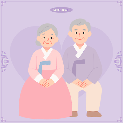 전통 부부 커플 옷 여자 노년 남자 행복 문화 일러스트 가족 한국 따뜻함 사랑 미소 쌍 전통의상 한복 세대 교감 국내일러스트 AI파일 한국전통 감정 아시아 관계 표정 사람 성인 파일형식 벡터