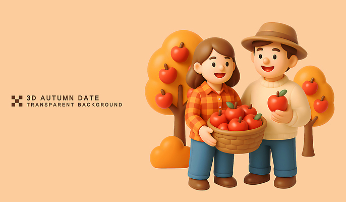 PSD 나무 편집이미지 캐릭터 부부 과일 따뜻함 대화 웃음 풍경 햇빛 농장 바구니 수확 가을 사과 편집3D 식물 커플 계절 농업 표정 말하기 태양 3D 파일형식