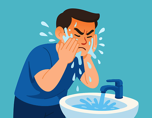 남자 감정 얼굴 일러스트 모션 표정 일상 생활 물 파란색 청결 세수 위생 편안함 세면대 상쾌 이미지 필요 국내일러스트 AI파일 자연요소 컬러 컨셉 사람 라이프 신체부위 감각 파일형식 벡터