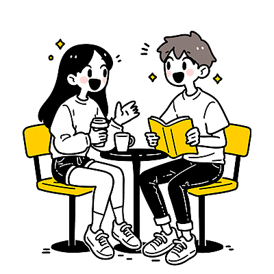 여자 남자 커피 음료 의자 일러스트 모션 탁자 대화 웃음 취미 일상 책 친구 독서 카페 만남 즐거움 소통 순간 국내일러스트 AI파일 감정 가구 컨셉 관계 표정 말하기 사람 라이프 상점 파일형식 벡터