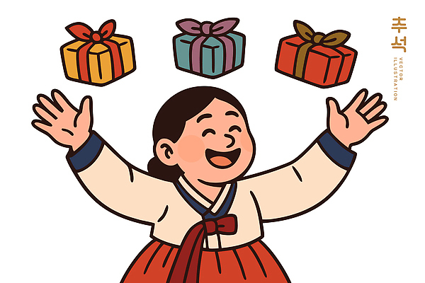 전통 명절 기념일 행복 문화 어린이 컬러 일러스트 선물 웃음 이벤트 추석 축제 기쁨 표현 생일 한복 즐거움 국내일러스트 AI파일 한국전통 감정 표정 사람 전통의상 파일형식 벡터