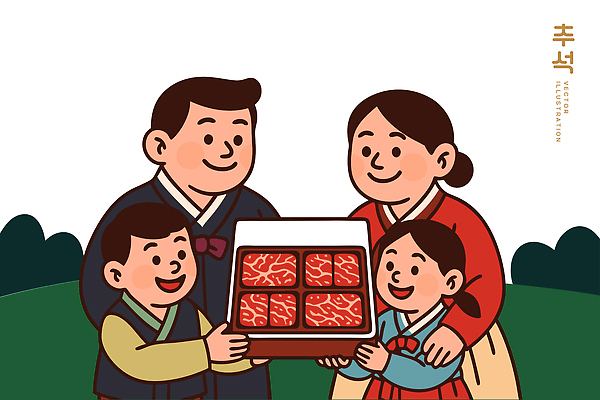 한국문화 전통 명절 한식 포즈 일러스트 가족 함께함 육류 사랑 웃음 풍경 추석 축제 식사 기쁨 분위기 전통의상 한복 상차림 즐거움 국내일러스트 AI파일 동양문화 한국전통 기념일 감정 음식 컨셉 식재료 관계 한국 표정 파일형식 벡터