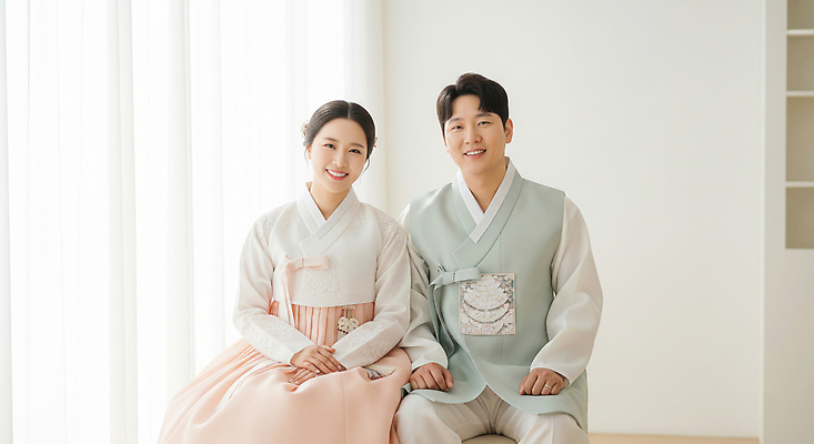JPG 편집이미지 전통 커플 행복 문화 신랑 결혼식 실내 사랑 미소 추석 축복 편안함 한복 뷰티풀 순간 의료성형뷰티 편집실사 AI인물포토 AI콘텐츠 한국전통 명절 감정 결혼 컨셉 관계 표정 내부 감각 전통의상 CG 파일형식 AI포토
