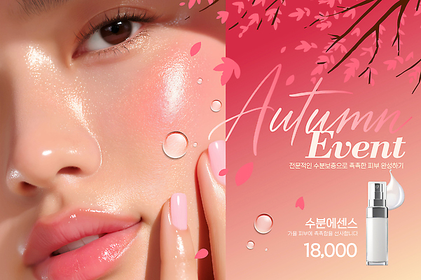 템플릿 단풍 미소 화장 화장품 가을 알림 피부 피부관리 화사함 광택 스킨케어 의료성형뷰티 이미지템플릿 AI파일 계절 컨셉 잎 표정 신체부위 뷰티 파일형식 벡터