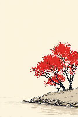 JPG 나무 계절 호수 여유 예술 단풍 일러스트 자연 하늘 생명 풍경 빨간색 평화 환경 가을 틈 수면 땅 나무꾼 조경 차분 국내일러스트 AI일러스트 AI콘텐츠 식물 감정 컬러 컨셉 잎 물 생태계 파일형식