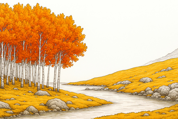 JPG 여행 단풍 일러스트 자연 풍경 초원 노란색 평화 산책 발코니 가을 바위 강가 생태계 힐링 은행나무 조화 채색 국내일러스트 AI일러스트 AI콘텐츠 나무 계절 컬러 컨셉 잎 휴식 미술 강 돌_바위 파일형식