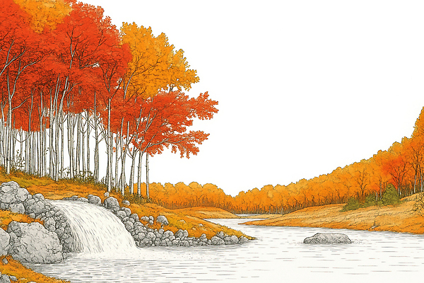 JPG 나무 여유 컬러 단풍 일러스트 자연 하늘 휴식 풍경 빨간색 물 강 주황색 폭포 가을 암석 개울 숲 강가 조용 뷰티풀 국내일러스트 AI일러스트 AI콘텐츠 자연요소 식물 계절 감정 컨셉 잎 돌_바위 생태계 파일형식