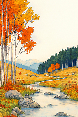 JPG 나무 컬러 단풍 일러스트 자연 하늘 산 풍경 초원 강 평화 흐름 가을 바위 시골 물가 숲 수목 전경 국내일러스트 AI일러스트 AI콘텐츠 식물 계절 컨셉 잎 돌_바위 생태계 파일형식 탑뷰