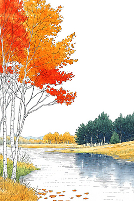 JPG 나무 컬러 단풍 일러스트 자연 하늘 생명 휴식 풍경 물 강 반사 평화 에너지 가을 시골 숲 조화 뷰티풀 차분 국내일러스트 AI일러스트 AI콘텐츠 자연요소 식물 계절 컨셉 잎 생태계 파일형식