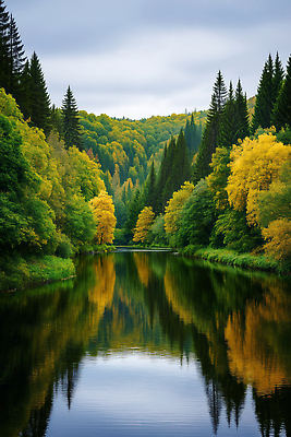 JPG 나무 편집이미지 단풍 자연 풍경 초록색 물 강 반사 노란색 평화 고요 가을 숲 탐방 차분 이미지편집 AI포토 AI콘텐츠 자연요소 식물 계절 컬러 컨셉 잎 생태계 파일형식