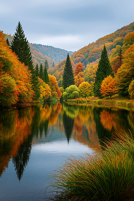 JPG 나무 편집이미지 호수 단풍 자연 하늘 산 풍경 물 반사 주황색 고요 금색 가을 숲 차분 이미지편집 AI포토 AI콘텐츠 자연요소 식물 계절 컬러 컨셉 잎 생태계 파일형식