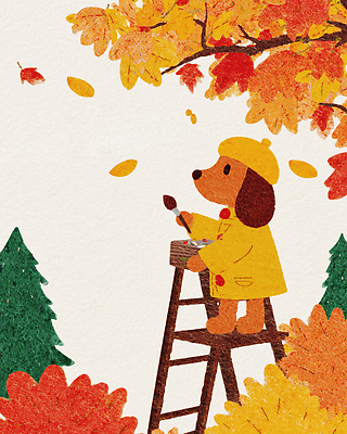 JPG 나무 계절 예술 컬러 낙엽 일러스트 사다리 자연 나뭇잎 따뜻함 풍경 가을 표현 강아지 즐거움 오브젝트 그림 화가 우비 창의성 국내일러스트 AI일러스트 AI콘텐츠 식물 직업 옷 감정 잎 반려동물 도구 개 생태계 파일형식