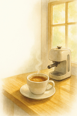 JPG 나무 커피 일러스트 아침 휴식 조명 따뜻함 카페 분위기 수증기 창가 즐거움 천장 힐링 향기 에스프레소 모닝커피 홈카페 차분 국내일러스트 AI일러스트 AI콘텐츠 주간 식물 감정 음료 컨셉 창문 상점 냄새 파일형식