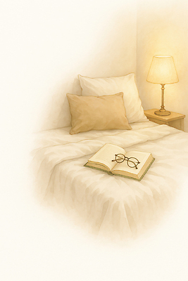 JPG 안경 여유 일러스트 베개 휴식 조명 따뜻함 일상 책 인테리어 독서 방 침대 분위기 편안함 오브젝트 느림 상상력 국내일러스트 AI일러스트 AI콘텐츠 디자인 잡화 감정 가구 컨셉 침구 라이프 감각 파일형식