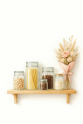 JPG 디자인 꽃 꽃다발 일러스트 재료 자연 유리병 선반 주택 요리 장식 인테리어 주방 식사 저장 정리 페스츄리 핸드메이드 아기자기 국내일러스트 AI일러스트 AI콘텐츠 식물 빵 가구 컨셉 병_용기 건물 생태계 파일형식