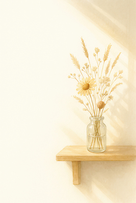 JPG 꽃 일러스트 자연 유리병 주택 장식 여름 햇빛 꽃병 공간 빈티지 편안함 화사함 감성 조화 드라이플라워 세련 국내일러스트 AI일러스트 AI콘텐츠 식물 계절 컨셉 병_용기 건물 태양 감각 생태계 파일형식