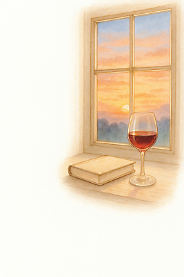 JPG 감정 여유 음료 컬러 일러스트 자연 탁자 휴식 조명 풍경 일상 책 빛 독서 평화 노을 와인 일몰 창가 뷰티풀 순간 국내일러스트 AI일러스트 AI콘텐츠 자연요소 가구 컨셉 창문 주류 라이프 생태계 파일형식