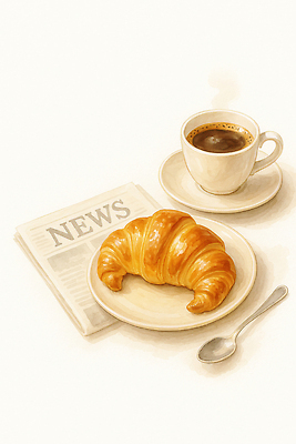 JPG 접시 여유 커피 음료 음식 일러스트 탁자 아침 디저트 따뜻함 일상 컵 숟가락 식사 카페 프랑스 신문 분위기 아침식사 크루아상 국내일러스트 AI일러스트 AI콘텐츠 주간 식기 감정 유럽 빵 가구 컨셉 수저 라이프 간행물 상점 뉴스 파일형식