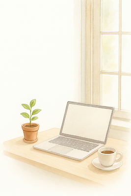 JPG 식물 열매 화분 커피 일러스트 창문 가정 따뜻함 일상 노트북 학습 인테리어 사무실 편안함 커피잔 집중 오브젝트 차분 국내일러스트 AI일러스트 AI콘텐츠 디자인 교육 음료 컨셉 비즈니스 잔 라이프 전자제품 감각 파일형식