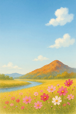 JPG 화초 이동 단풍 꽃밭 일러스트 자연 하늘 바람 산 풍경 초원 강 햇빛 소풍 감상 가을 전원 시골 생태 색감 풍요 국내일러스트 AI일러스트 AI콘텐츠 자연요소 식물 계절 꽃 컨셉 잎 날씨 태양 야외활동 전기에너지 생태계 파일형식