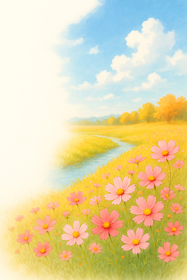 JPG 식물 구름 꽃 길 컬러 일러스트 자연 하늘 풍경 초원 초록색 여름 파란색 평화 환경 흐름 가을 개울 지역 뷰티풀 국내일러스트 AI일러스트 AI콘텐츠 자연요소 계절 컨셉 강 생태계 파일형식