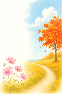 JPG 나무 계절 꽃 길 단풍 일러스트 자연 하늘 날씨 풍경 초원 햇빛 노란색 평화 주황색 산책로 가을 코스모스 뷰티풀 국내일러스트 AI일러스트 AI콘텐츠 식물 컬러 컨셉 잎 태양 생태계 파일형식