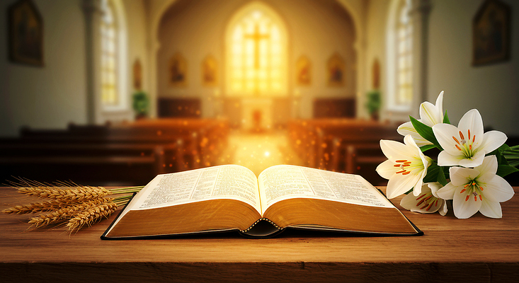 JPG 편집이미지 꽃 기독교 종교 탁자 햇빛 성당 성경 고요 분위기 백합 밀 예배 뷰티풀 이미지편집 AI컴퓨터그래픽 AI콘텐츠 식물 가구 컨셉 종교용품 종교건축 곡류 태양 파일형식