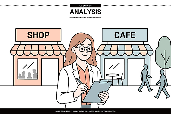 여자 일러스트 모션 거리 실험 환경 상점 자료 카페 관찰 메모지 소비 연구원 고객 분석 상업시설 국내일러스트 AI파일 직업 컨셉 사람 사무용품 시설 상업 파일형식 벡터