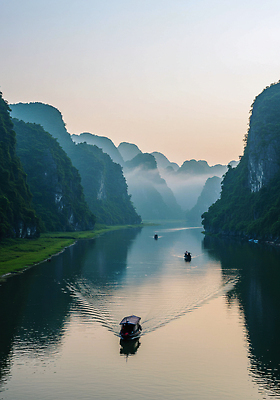 JPG 편집이미지 여유 물결 여행 자연 아침 산 풍경 강 탐험 안개 보트 수면 베트남 기암절벽 선박 편집실사 AI포토 AI콘텐츠 주간 감정 수상교통 배_교통 날씨 물 동남아시아 절벽 CG 생태계 파일형식