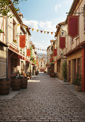 JPG 편집이미지 아침 거리 간판 여러명 햇빛 마을 상점 산책 분위기 조용 돌길 보르도 오후 와인축제 편집실사 AI포토 AI콘텐츠 주간 길 다수 컨셉 휴식 사람 태양 축제 CG 파일형식