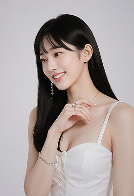 JPG 모델 편집이미지 헤어스타일 드레스 여자 패션 포즈 백그라운드 장신구 미소 빛 촬영 우아함 보석 뷰티풀 의료성형뷰티 스타일 편집실사 AI인물포토 AI콘텐츠 옷 컨셉 표정 사람 광석 CG 파일형식 AI포토