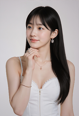 JPG 편집이미지 긴머리 옷 여자 패션 감정 포즈 장신구 조명 미소 뷰티 머리카락 촬영 흰색 우아함 의료성형뷰티 편집실사 AI인물포토 AI콘텐츠 헤어스타일 컬러 컨셉 표정 사람 머리 CG 파일형식 AI포토