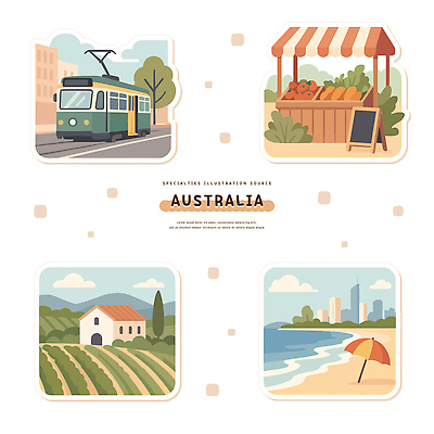 문화 여행 채소 과일 일러스트 유적지 자연 아침 거리 풍경 해변 농장 일몰 탐험 도시 시장 호주 뷰티풀 오후 트램 국내일러스트 AI파일 주간 교통수단 바다 고건축 농업 노을 오세아니아 생태계 파일형식 벡터