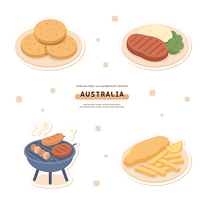 전통 음식 일러스트 디저트 스테이크 요리 식사 감자튀김 햄버거 소시지 맛 호주 바비큐 해산물 지역 요리중 국내일러스트 AI파일 컨셉 모션 감자 패스트푸드 서양음식 튀김 가공식품 오세아니아 파일형식 벡터