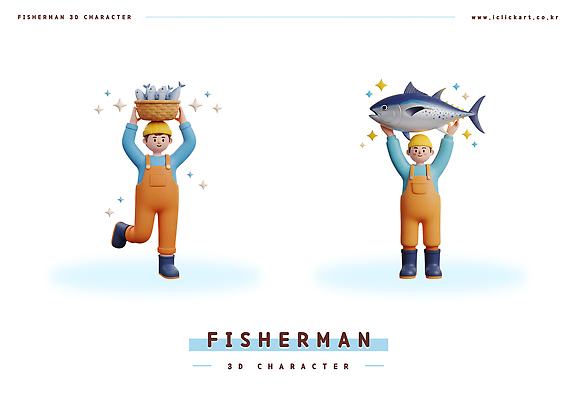 PSD 편집이미지 캐릭터 남자 바다 낚시 3D캐릭터 어류 해변 바구니 수중동물 체험 어부 해산물 편집3D 동물 직업 컨셉 레저 사람 3D 파일형식