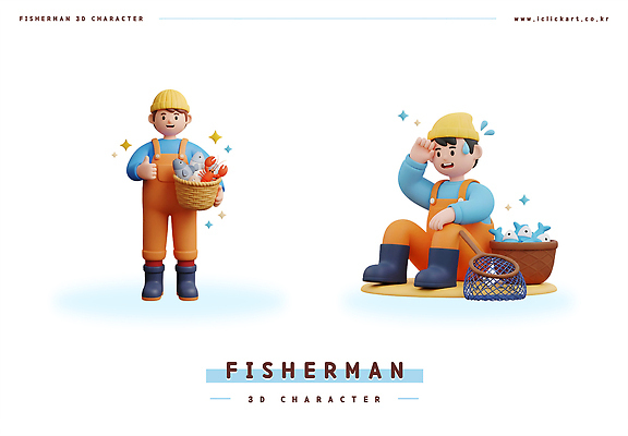 PSD 편집이미지 바다 3D캐릭터 어류 어업 해변 바구니 작업 그물 어부 해산물 편집3D 직업 캐릭터 산업 3D 수중동물 파일형식