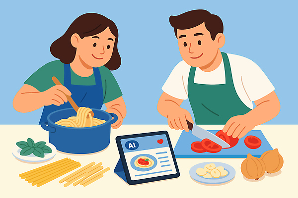 커플 음식 토마토 채소 일러스트 재료 주방용품 양파 함께함 파스타 요리 일상 주방 신선 면류 레시피 손질 다지기 AI_인공지능 국내일러스트 AI파일 생활용품 컨셉 관계 서양음식 라이프 파일형식 벡터