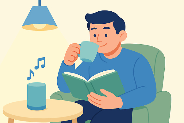남자 여유 커피 음료 음악 의자 일러스트 탁자 휴식 조명 취미 일상 생활 책 독서 공간 마음 편안함 즐거움 국내일러스트 AI파일 감정 가구 컨셉 문화예술 사람 라이프 감각 파일형식 벡터
