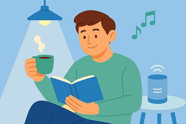남자 여유 커피 음악 의자 일러스트 휴식 조명 실내 취미 일상 책 독서 소리 공간 편안함 집중 감성 스타일 국내일러스트 AI파일 감정 음료 가구 컨셉 문화예술 사람 내부 라이프 감각 파일형식 벡터
