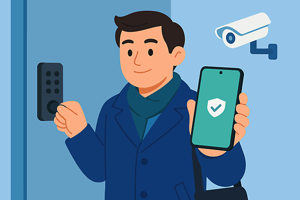 남자 일러스트 기술 안전 일상 생활 전자제품 스마트폰 사무실 문 카메라 암호 보호 확인 모던 편리함 접근 국내일러스트 AI파일 컨셉 비즈니스 사람 라이프 핸드폰 스마트기기 파일형식 벡터
