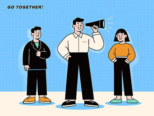 일러스트 모션 협력 아이디어 대화 이벤트 청년 친구 청춘 표현 그룹 분위기 나팔 즐거움 소통 긍정적 지원 상호작용 국내일러스트 AI파일 감정 악기 컨셉 관계 말하기 성인 파일형식 벡터