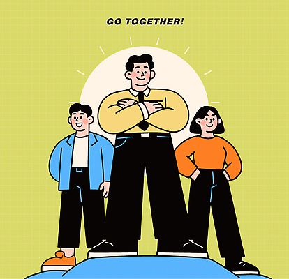 캐릭터 디자인 행복 포즈 일러스트 모션 협력 함께함 청년 일상 세명 친구 자신감 동료 모던 소통 유대감 국내일러스트 AI파일 감정 컨셉 관계 사람 성인 라이프 파일형식 벡터